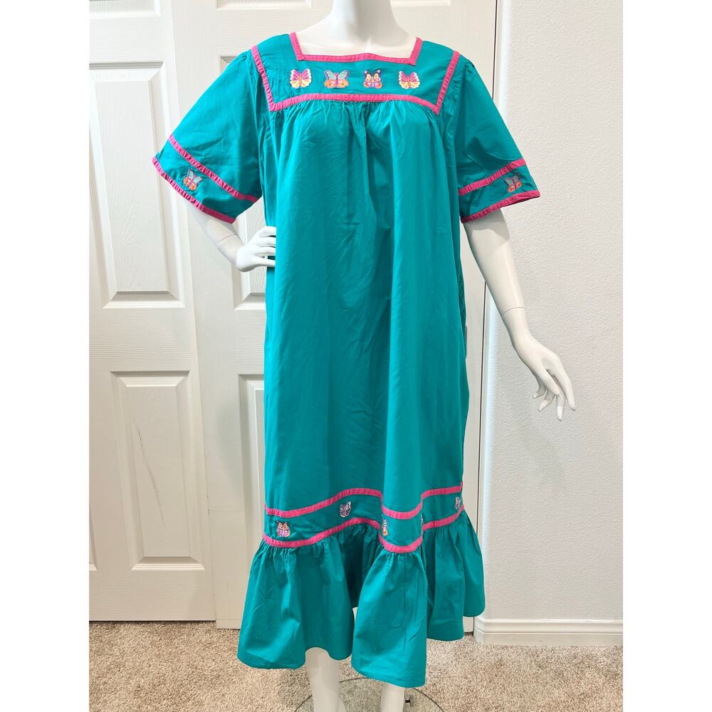 Vintage 80s 90s Blair Teal Butterfly House Dress Size Large Cotton